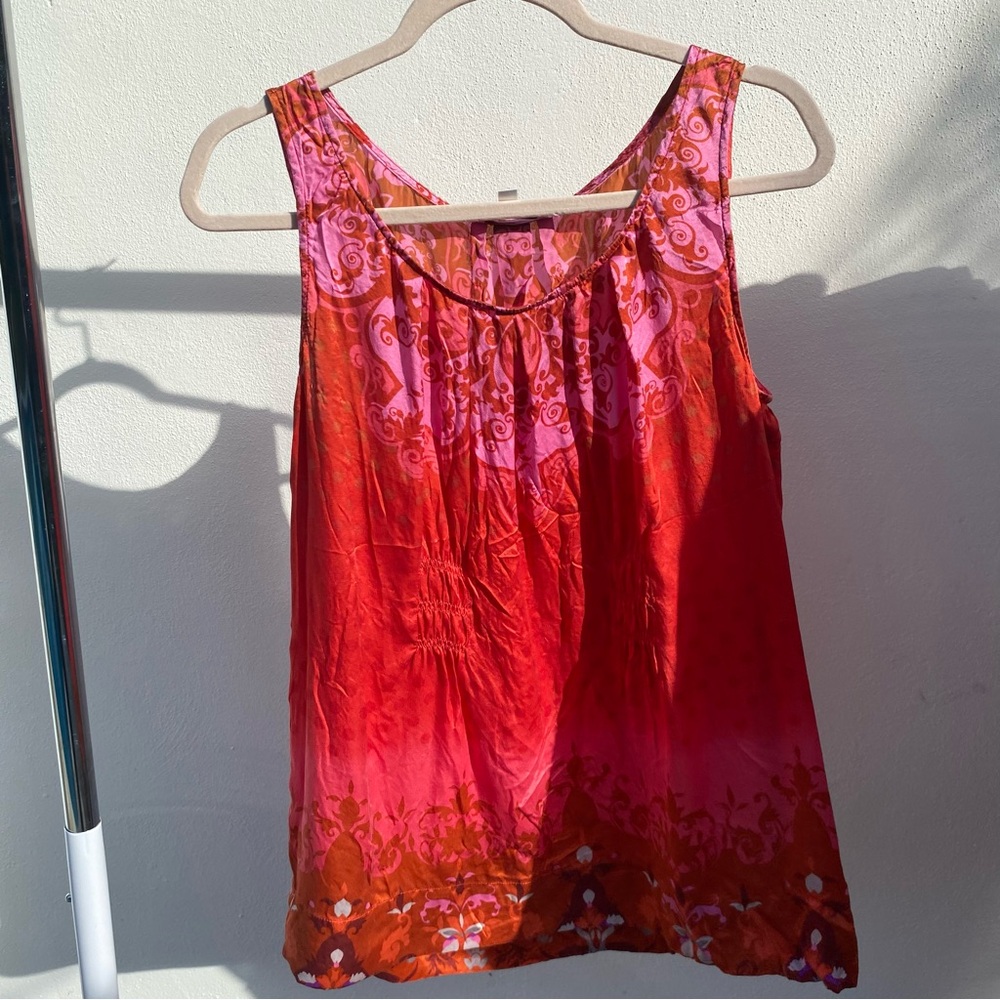 Y2K Red Multicolor Mandala Print 100% Silk Sleeveless Blouse Size Large
